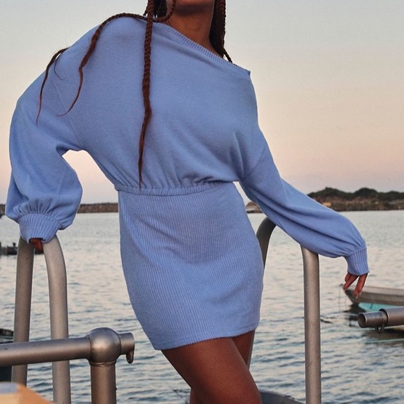 FP Beach Free People Last Call Mini Dress in Blue Asymmetric Drop shoulder Sz M - Picture 15 of 16